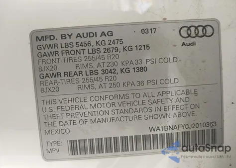 2018 Audi Q5 2.0T Premium/2.0T Tech Premium z USA, uszkodzony, nr VIN WA1BNAFY0J2010363